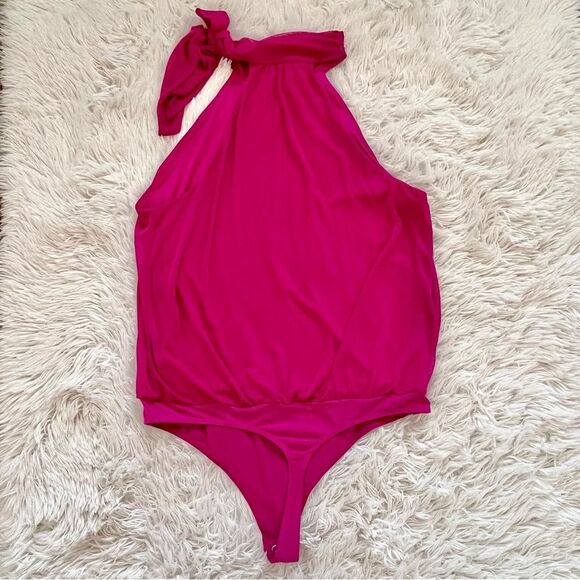 Express fuchsia purple halter top bodysuit thing tie neck sleeveless size large - Picture 3 of 4